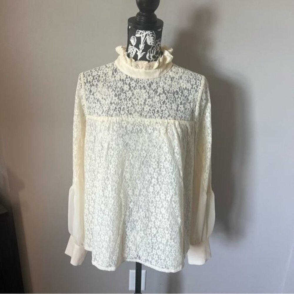 Tuckernuck Lace Blouse Floral Top Shirt Ivory Long Sleeve Large - Picture 4 of 7